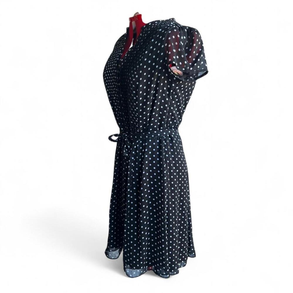 Black & White Polka Dot Midi Dress Sheer Keyhole Sleeves Removable Tie Size 14 - Picture 7 of 8